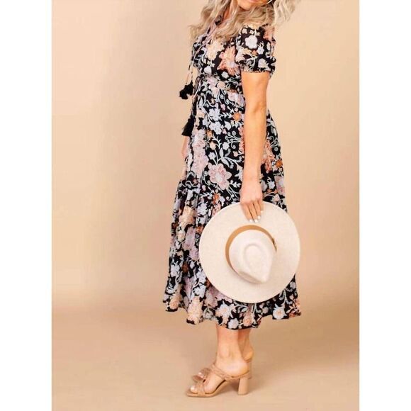 Elan VP5728 Women's Sz XS Black Botanical Print Cotton Maxi Dress - Picture 2 of 14